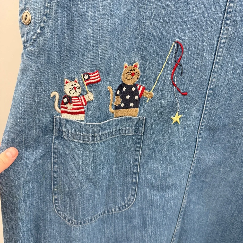 Christopher & Banks NWT Denim Jumper Dress‎ Women’s Size Large Cat Patriotic - Picture 2 of 7